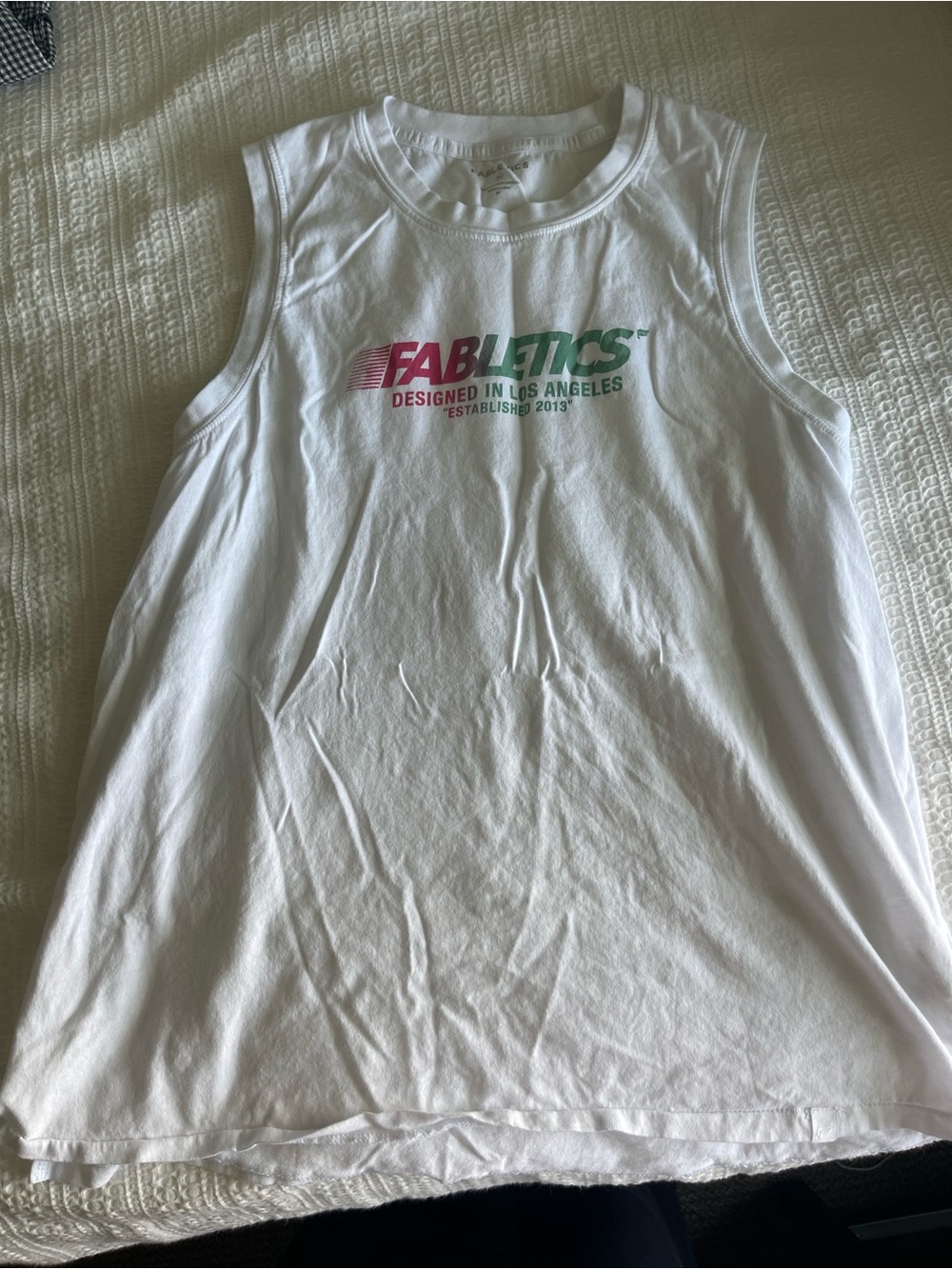 Fabletics White Tank Top with Pink and Green Logo
